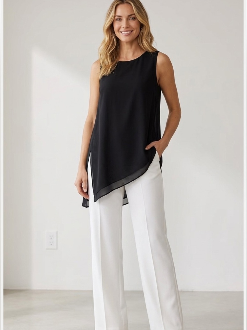 WHITE HOUSE BLACK MARKET Women's L Black Tank Sleeveless Asymmetric Tunic